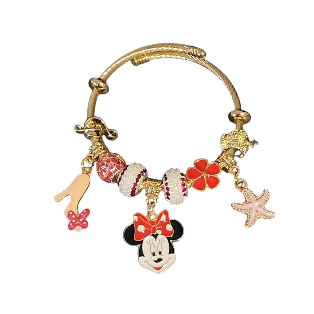 Disney Minnie Mouse Gold Toned Charm Bangle Bracelet - NWT